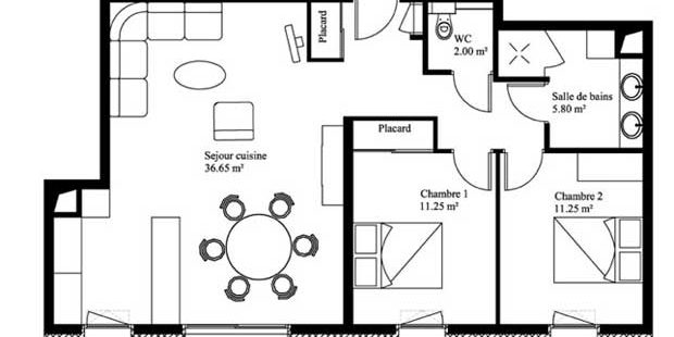 plan d'un appartement de trois pièces