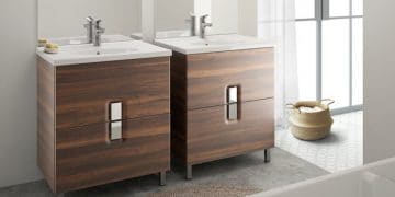Salle de bains avec les meubles vasques Prima d'Allia en finition bois foncé
