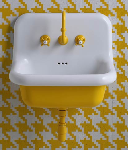 Lavabo écolier Bleu Provence, jaune extérieur, blanc intérieur