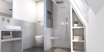 Ambiance de salle de bains avec une douche cloisonnée avec un panneau Wedi Sanwell