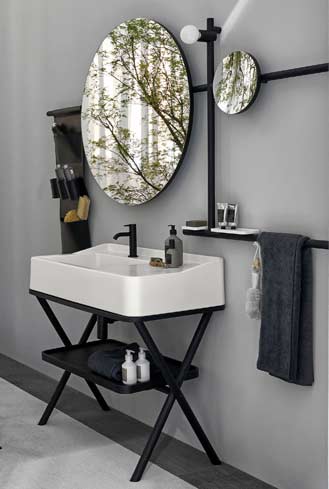 Lavabo surmonté d'un miroir rond accessoirisé, Cielo