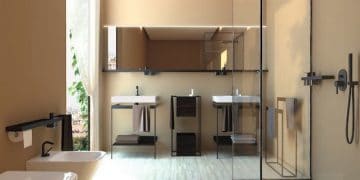 Ambiance-salle-de-bains-avec-2-plans-vasques-sur-piètement-en-métal