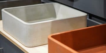 vasques en ciment carréees, l'une brute l'autre orange