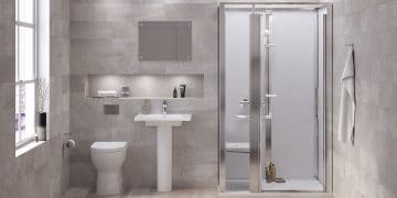 salle de bains avec lavabo, WC et cabine de douche fermée