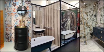 mosaïque de différentes vues du showroom salle de bains de david b à Paris 20e