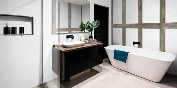 salle de bain avec baignoire ilot et panneaux muraux décoratifs