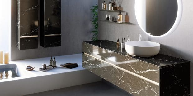 meuble de salle de bains karma de decotec en marbre marron brillant