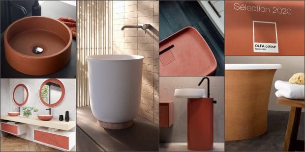 mosaïque de photos de salles de bains avec lavabos, meubles couleur brique