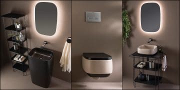 vasque totem, lavabo console et WC suspendu noirs et beiges Flag de Flaminia