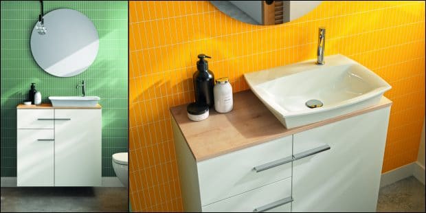 meuble de salle de bains blanc sur un mur vert ou jaune
