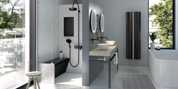 salle de bains avec douche Wedi noire et blanche