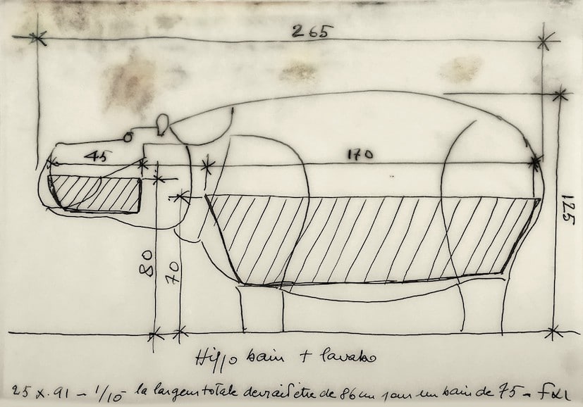 dessin de l'hippopotame baignoire de Lalanne