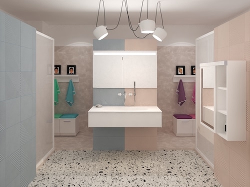 3D d'une salle de bains rose et bleue