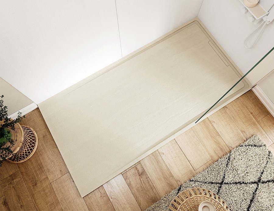 receveur de douche couleur sable sur parquet en bois