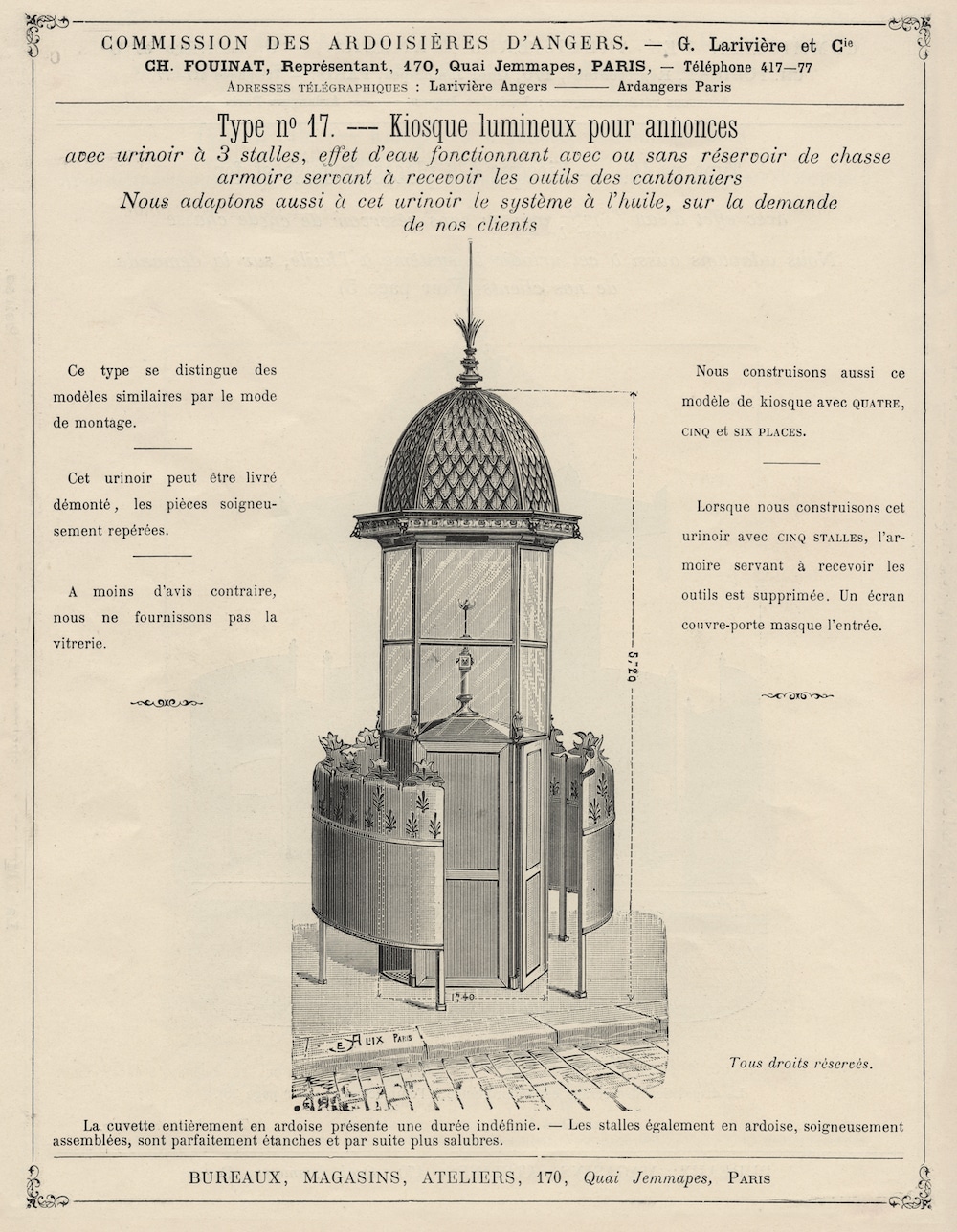 dessin d'une vespasienne, catalogue de mobilier urbain 1901