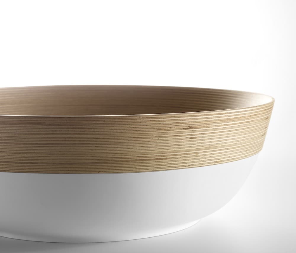 vasque bol en céramique blanche et imitation bois
