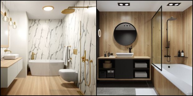 deux salles de bains habillées de panneaux muraux Nuance de Polyrey