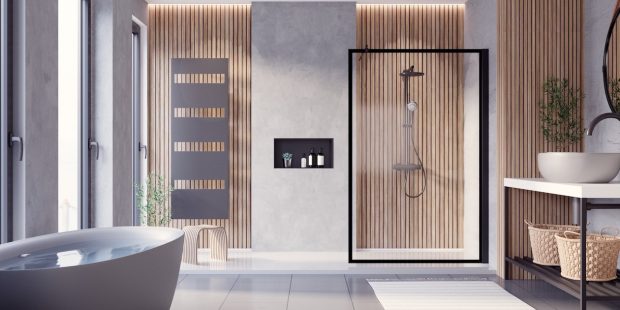 salle de bains habillée de panneaux décoratifs style de Japandi