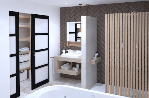 une salle de bains avec une douche Japandi