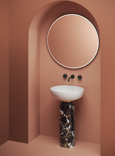 lavabo avec colonne circulaire façon marbre et vasque blanche