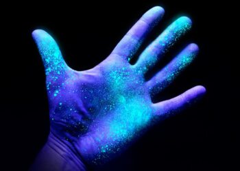 main sous une lampe UV qui montre les contaminations bactériennes