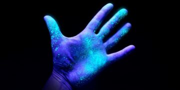 main sous une lampe UV qui montre les contaminations bactériennes