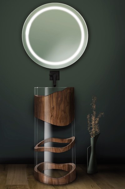 Lavabo totem en acrylique transparent et bois de Julien Auclair, designer