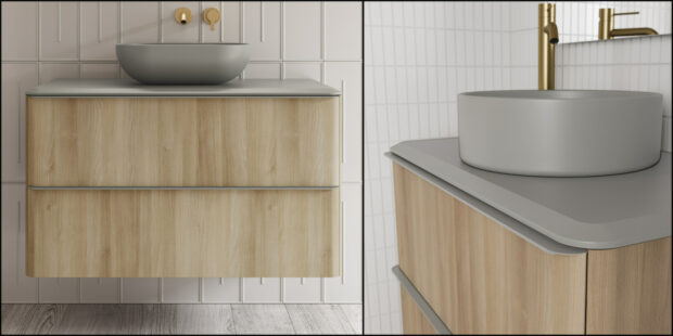 Le meuble vasque Dai de Royo, façades effet bois et plan vasque gris