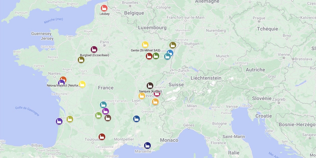 carte de France des producteurs de meubles de salle de bains