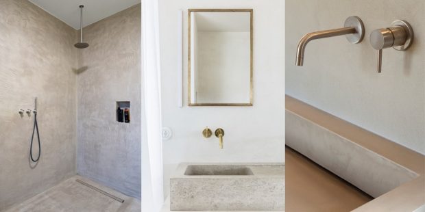 Trois salles de bains habillée de baton ciré Microtopping de Ideal Work