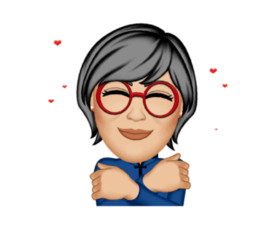 Emoji Femme cheveux gris, lunettes rouges