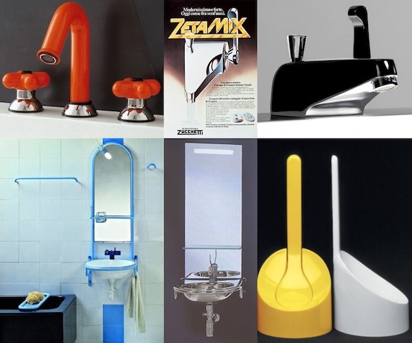 Cersaie 2023, plusieurs objets de salle de bains 'robinets, balai WC) de l'année 1983