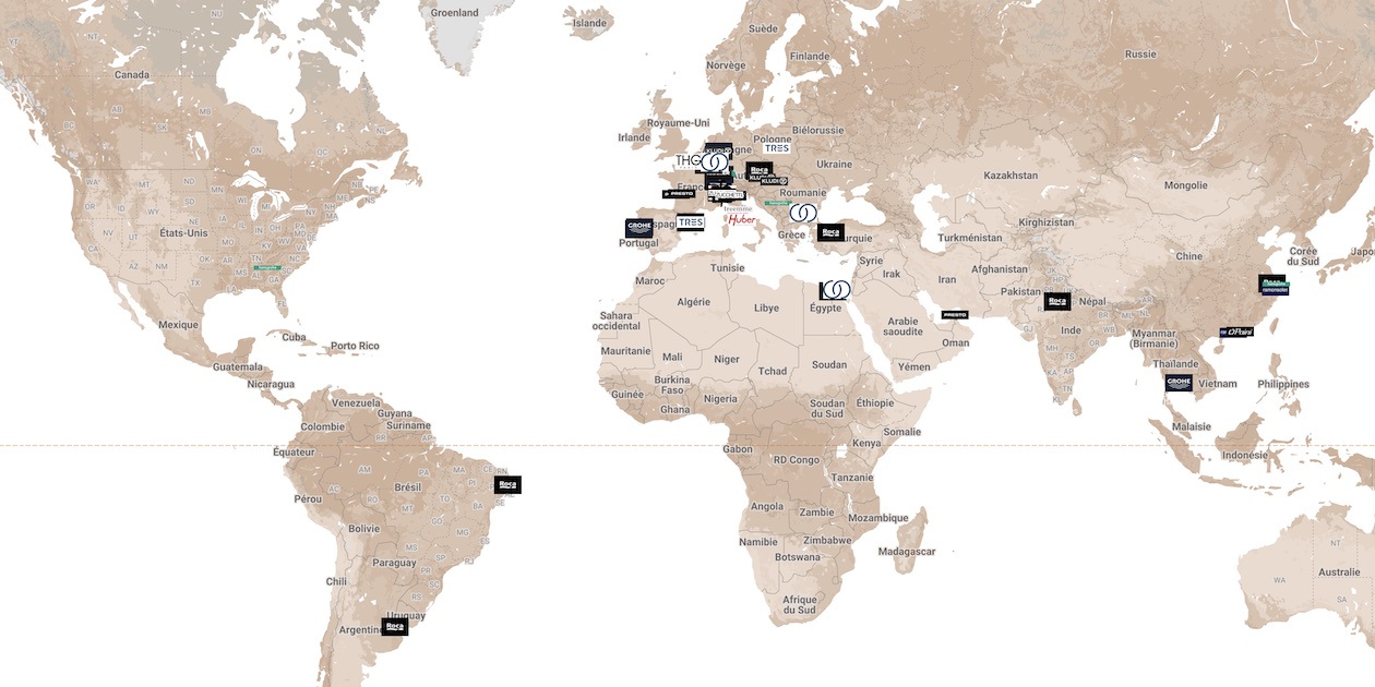Carte du monde présentant les usines des robinetiers européens