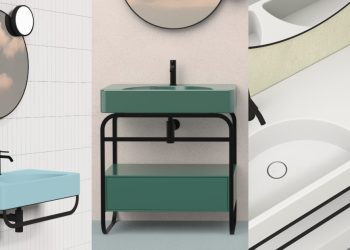 Trois versions du lavabo Lunaris de Alice Ceramica, suspendu ou sur console