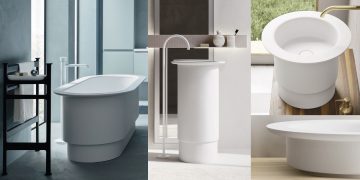 Baignoire, lavabo totem et vasque en solid surface blanc Roman de Arbi