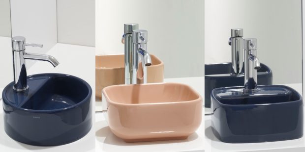 Trois mini vasques à poser en céramique, bleu, saumon, verte