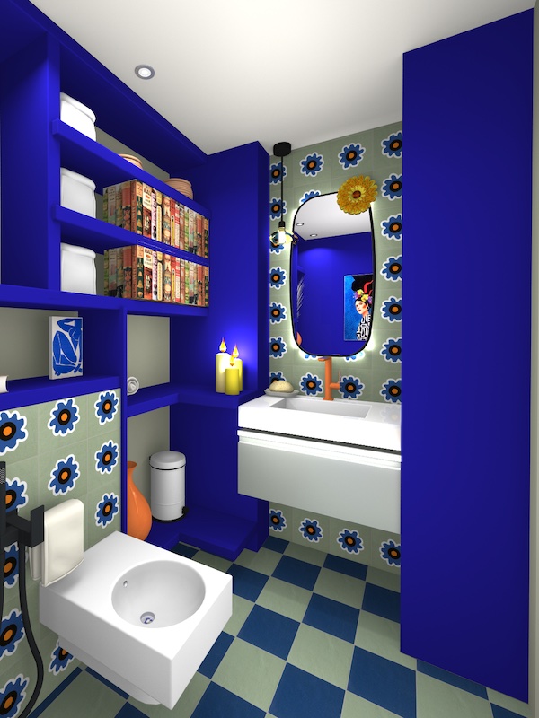 Toilettes aux murs bleu klein et carreaux avec de grosses fleurs stylisées