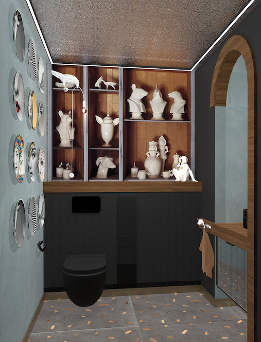 Toilettes décorées comme un cabinet de curiosités