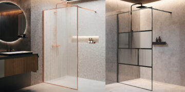 Les parois de douche ouvertes Walk-in H Art de Novellini, finition rose et noir