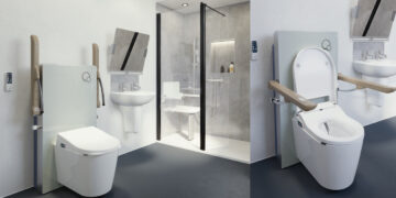 Panneau WC blanc avec barre de relevage effet bois avec son WC lavant, Livea AKW.