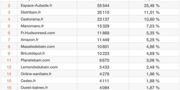 Tableau classant les sites internet selon leur rang d'apparition sur Google, pour la baignoire