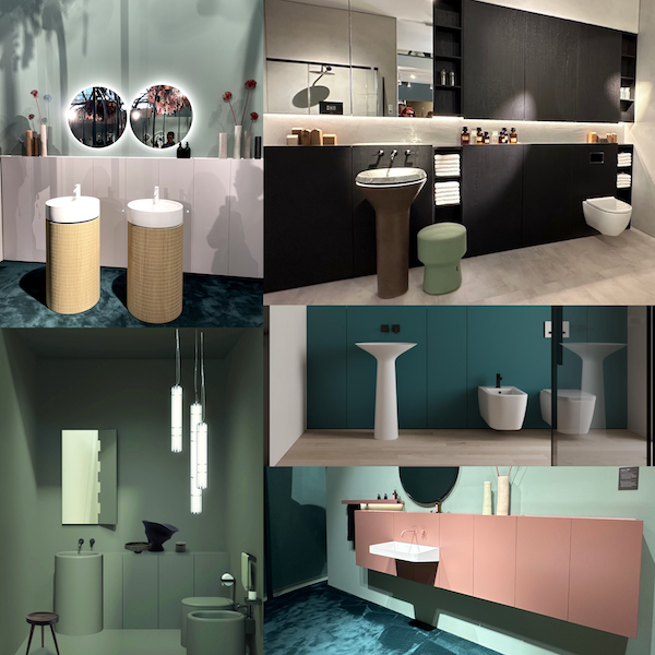 5 exemples de lavabos totems posés devant des rangements muraux plats.