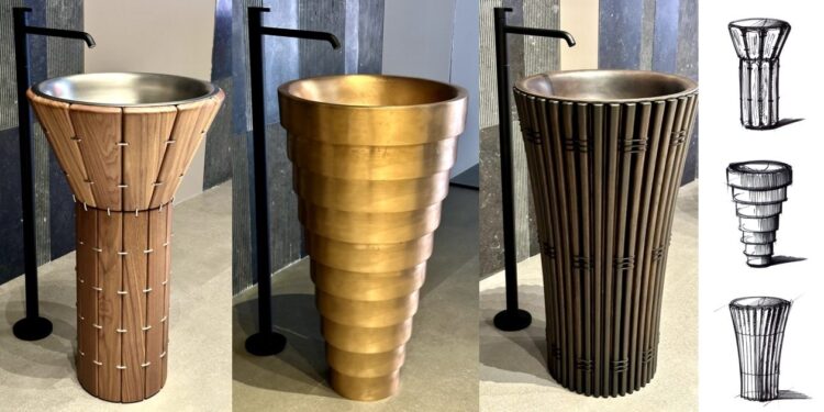 3 luxueux lavabos totems coniques d'Antoniolupi, l'un en bronze les deux autres en bois