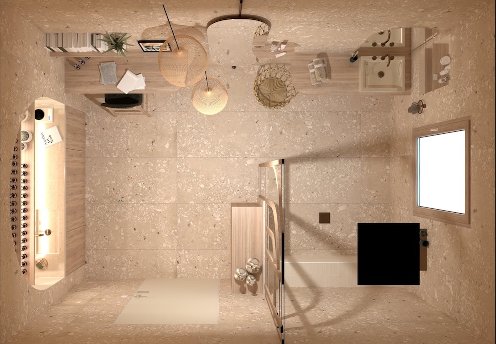 Plan d'implantation d'une salle de bains atelier de fabrication de cosmétiques, revêtue de carrelage façon travertin, 3D Cup 2025