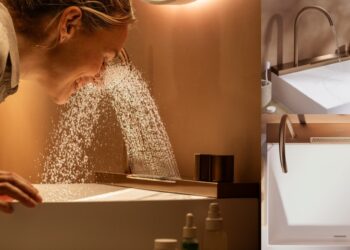 Le lavabo Avalegra de Hansgrohe, avec son bec col de cygne et son jet-douche qui jaillit vers le haut