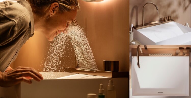Le lavabo Avalegra de Hansgrohe, avec son bec col de cygne et son jet-douche qui jaillit vers le haut