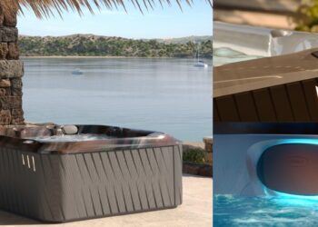 Le spa J 235 de Jacuzzi, sur une terrasse au bord de la mer.