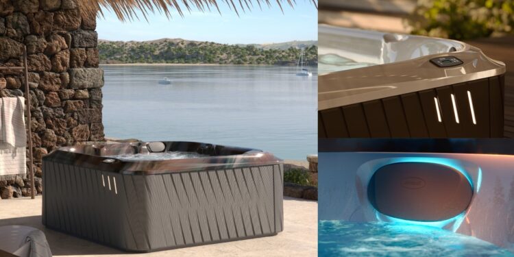 Le spa J 235 de Jacuzzi, sur une terrasse au bord de la mer.