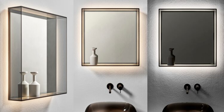 Trois vues du miroir de salle de bains Teca de Antoniolupi