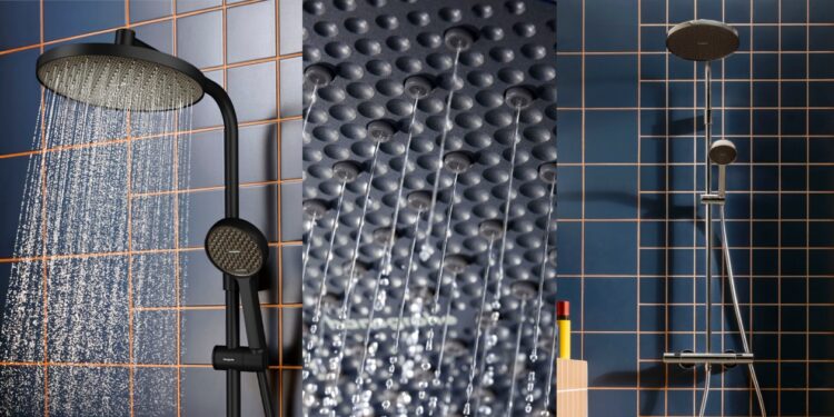 Colonne de douche Activera de Hansgrohe, en finitions noir mat et chromée.